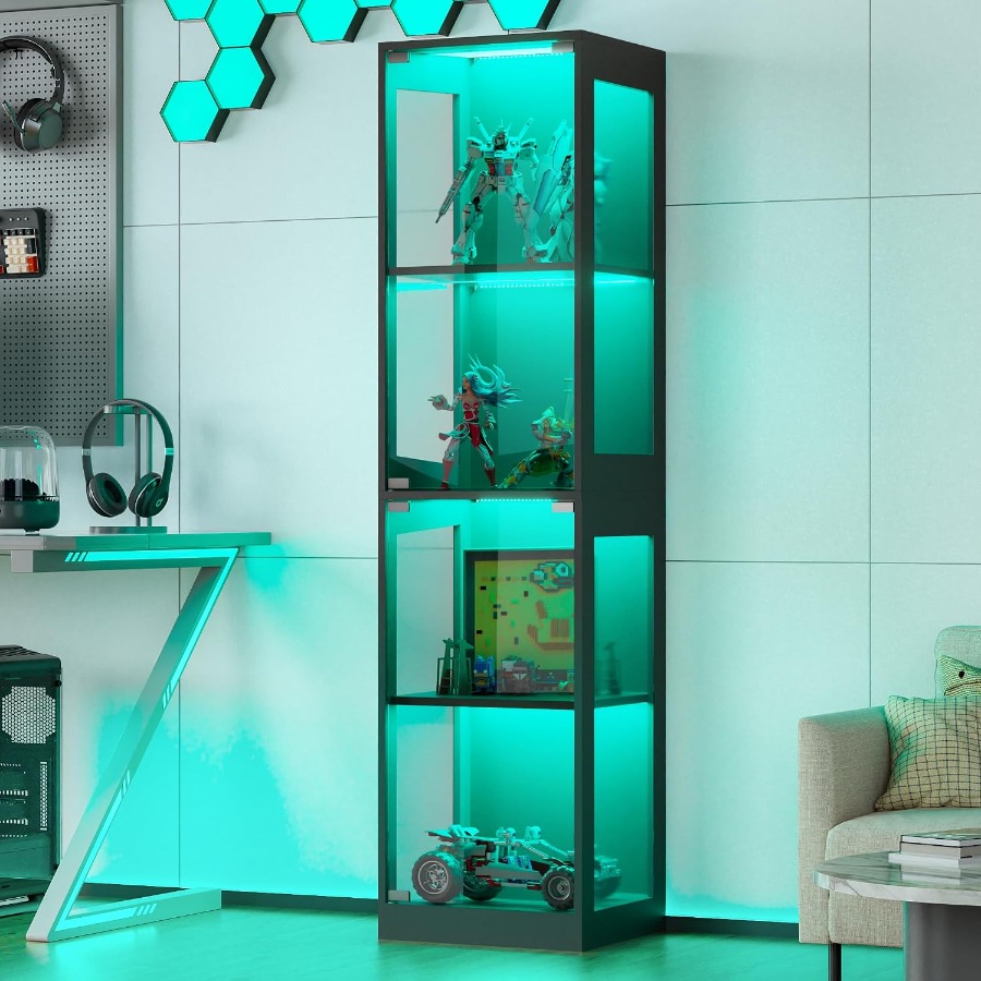 Glass Cabinet Display - ガラス扉付きの展示キャビネット、RGBライト付き4段式展示ケース、コレクション用のガラス製おもちゃ展示キャビネット、装飾品キャビネット。