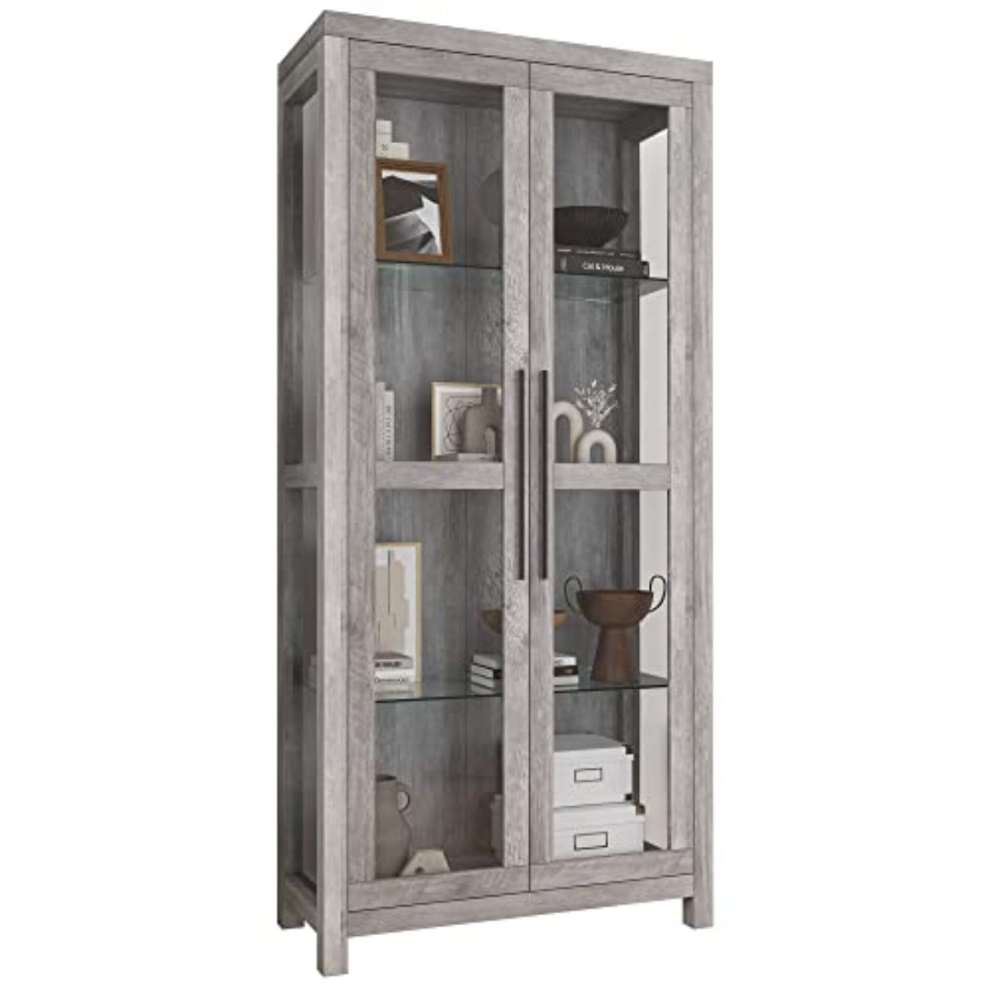 Glass Cabinet Display - 68 アヴァロン ガラスディスプレイキャビネット（リビングルーム用）- グレーウォッシュウッド仕上げ、強化ガラス扉、モダンミニマリストデザイン