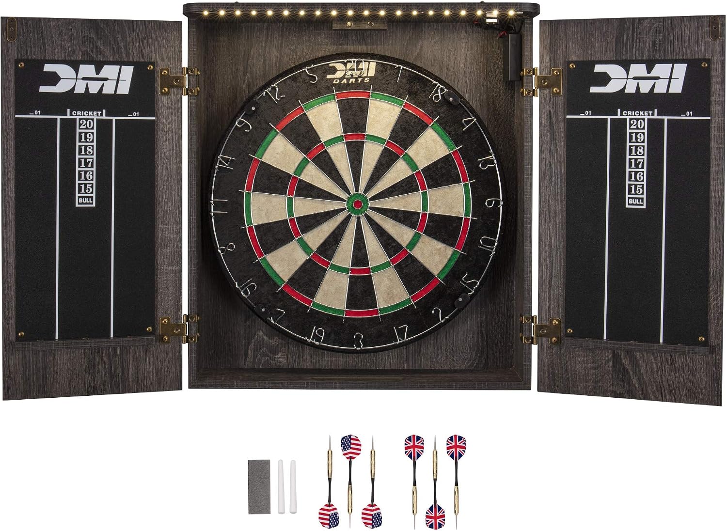 Electronic Dartboard Cabinet - パリス ブリッスル ダーツボードキャビネットセット - LED照明または電子スコアリングオプション付き、ラスティックグレー (D4400W)