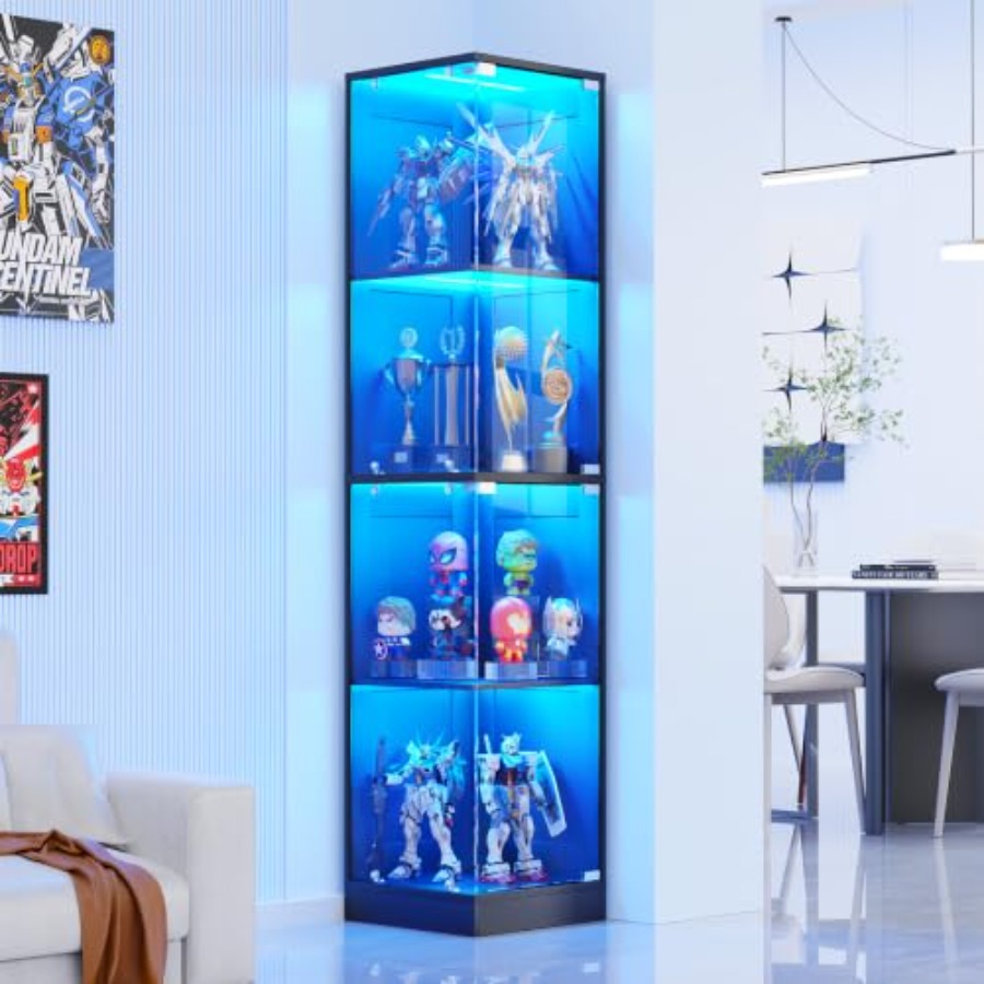 Glass Cabinet Display - ガラス扉付きコーナーディスプレイキャビネット、ホワイトMDF材、3色LEDライトと人感センサー付き、コレクション品、おもちゃ、ボーダー用。