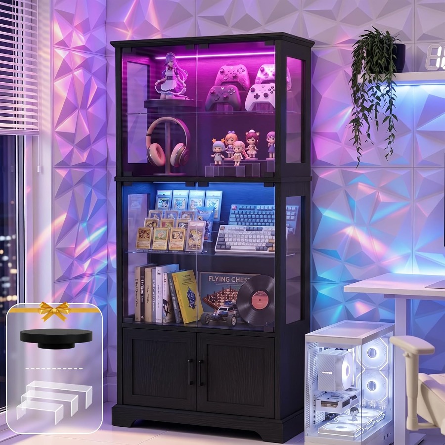 Glass Cabinet Display - ガラス扉付きの展示キャビネット、RGBライト付き4段式展示ケース