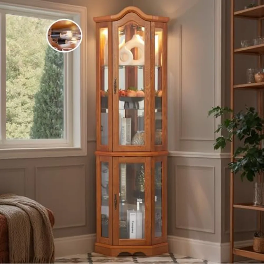 Glass Cabinet Display - バーでの使用や酒類の保管に適した、角型の飾り棚。明るい木目調の仕上げで、5つの高さ調節可能な強化ガラス扉を備えた、照明付きのガラス製ショーケース。