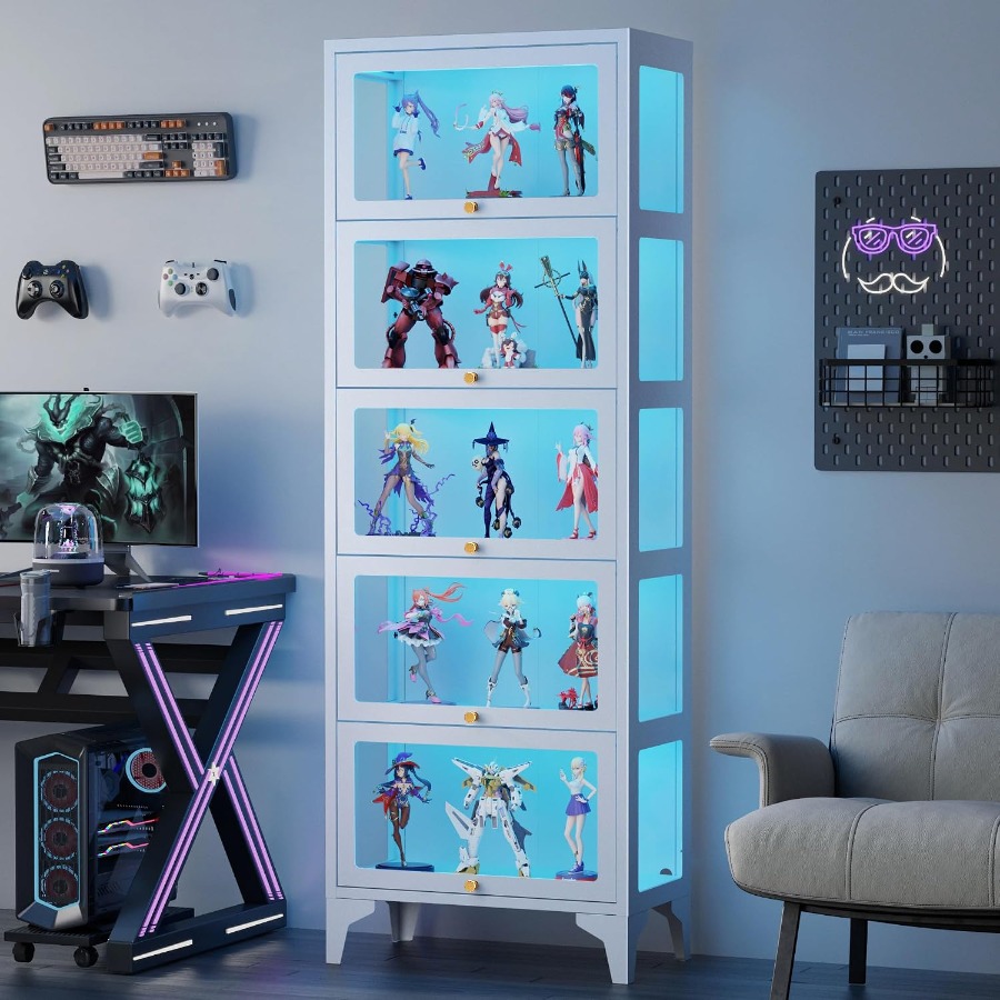 Glass Cabinet Display - LEDライト付きガラス製ショーケース、67インチの展示用キャビネット