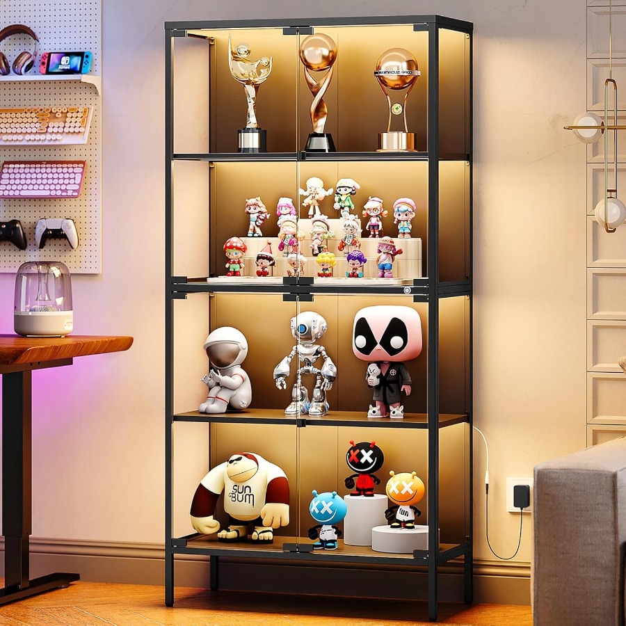 Glass Cabinet Display - 65インチのガラス製ショーケース。3色のLEDライト付き。強化ガラス製の扉が4つと棚が付いています。金属製のフレームで、コレクションを収納するのに最適です。