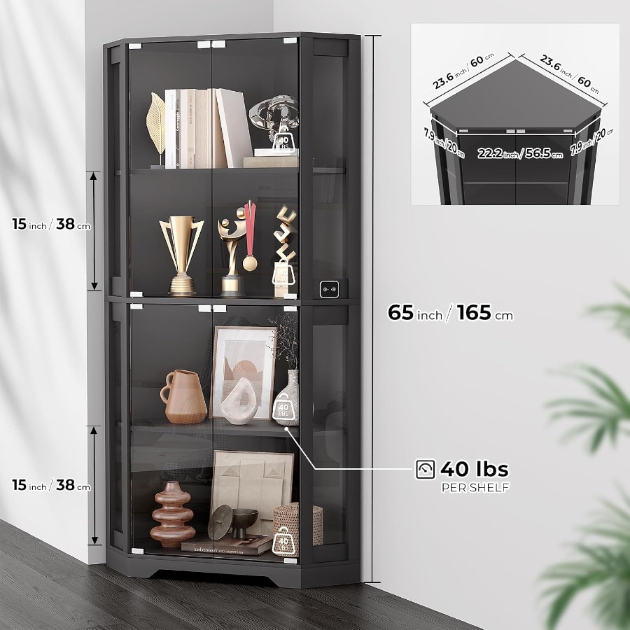 コレクション用のガラス扉付き照明付きコーナーディスプレイキャ - Glass Cabinet Display のレビューと価格