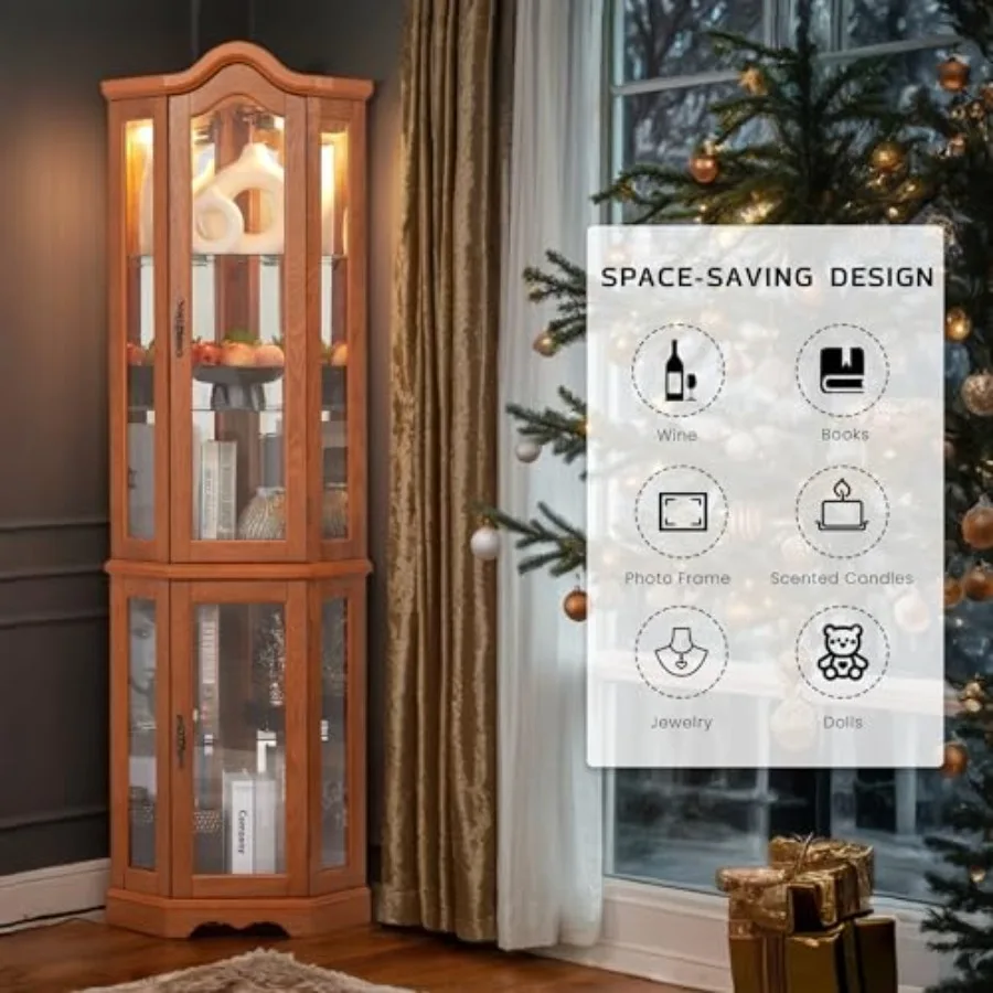 バーでの使用や酒類の保管に適した、角型の飾り棚。明るい木目調 - Glass Cabinet Display のレビューと価格
