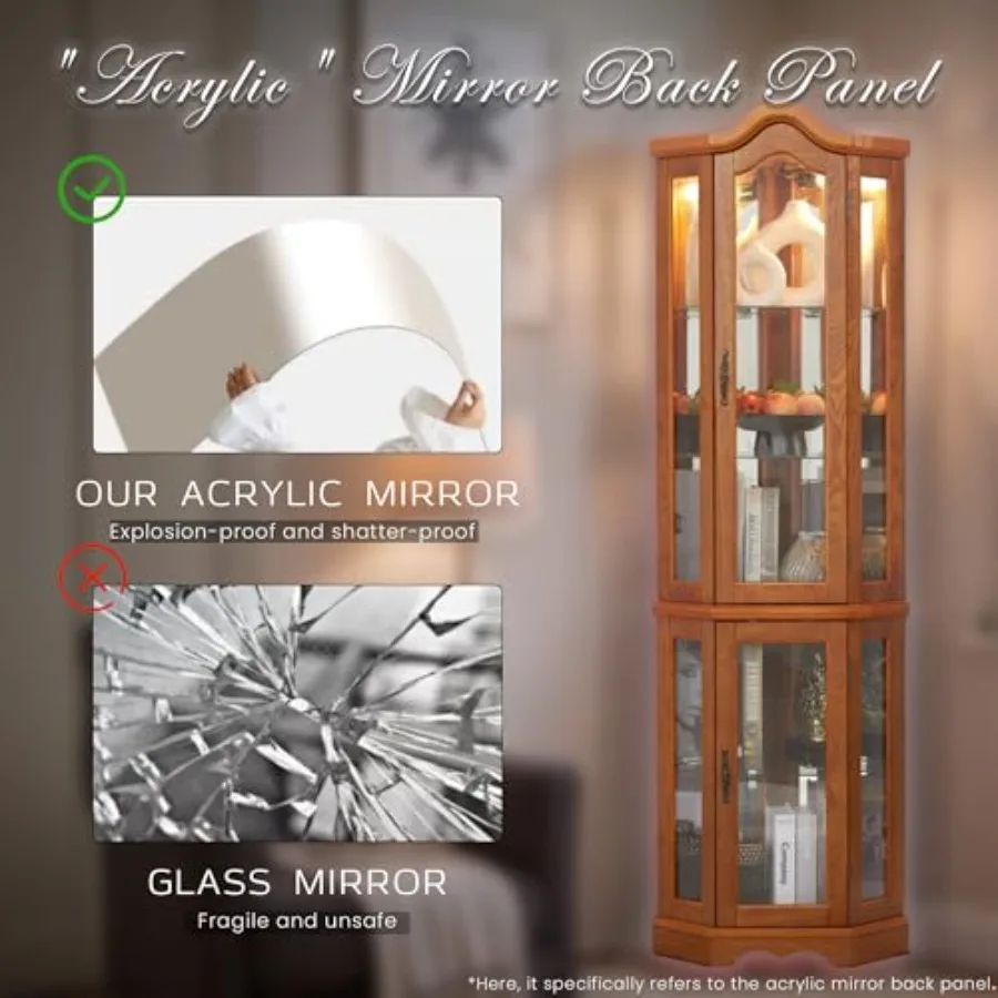 バーでの使用や酒類の保管に適した、角型の飾り棚。明るい木目調 - Glass Cabinet Display のレビューと価格