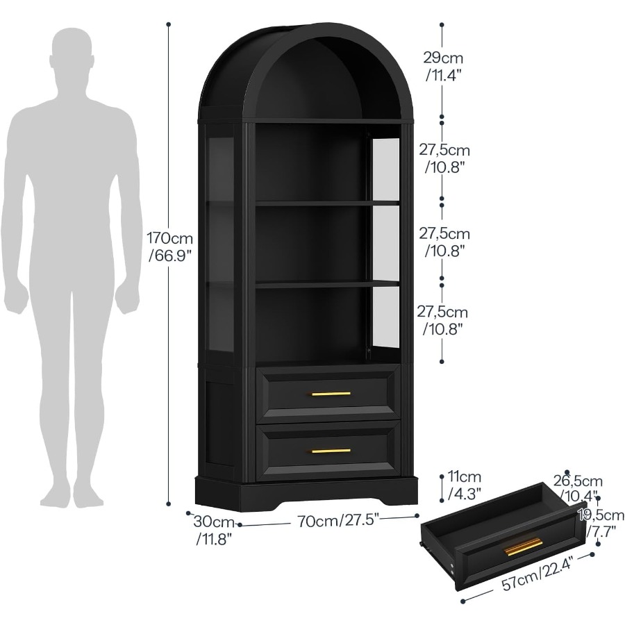 展示用キャビネット、背の高いアーチ型の本棚（引き出し2つ付き - Glass Cabinet Display のレビューと価格